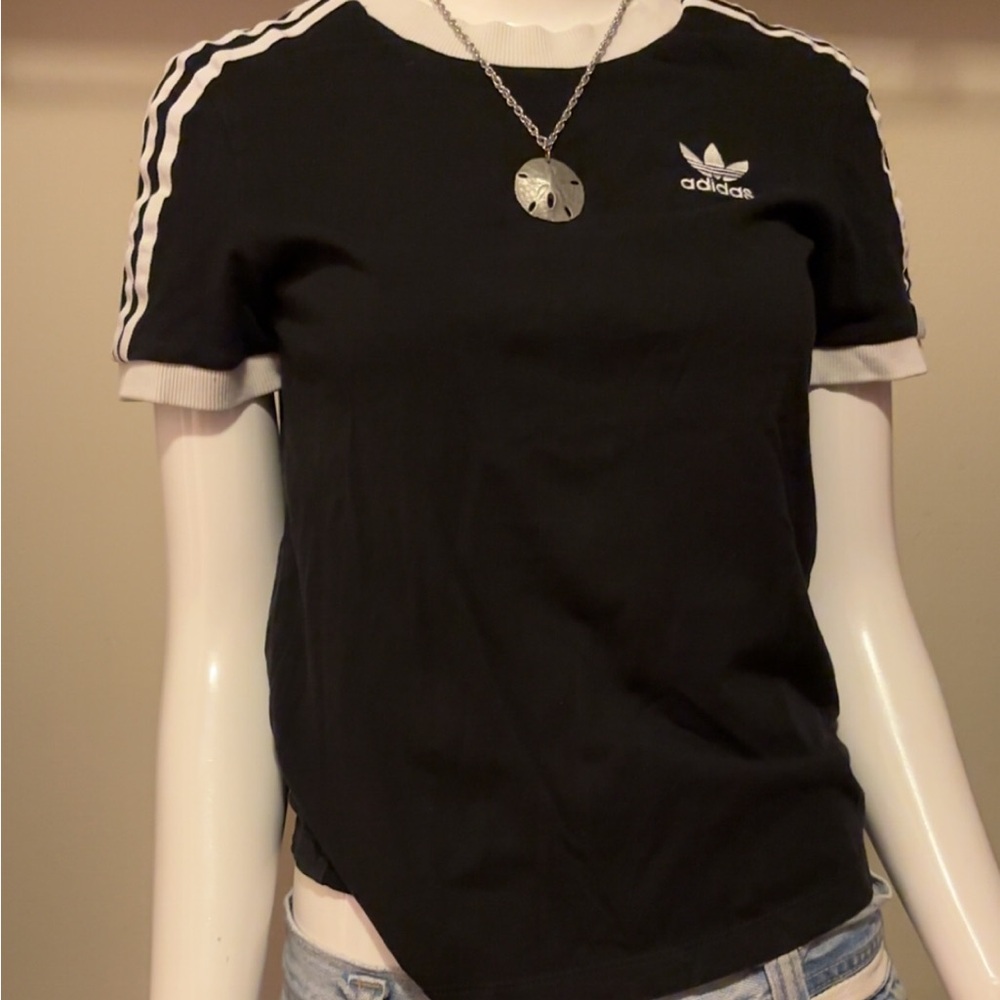 Adidas Women's Black Tee with White Stripes